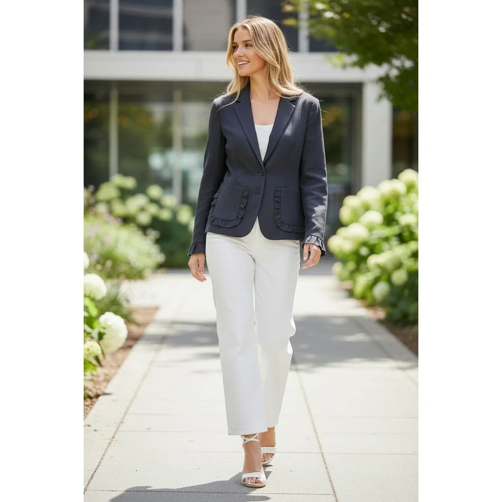 Rebecca Taylor Navy Wool Blend Ruffle Trim Tailored Blazer Jacket Sz‎ 4 S $450